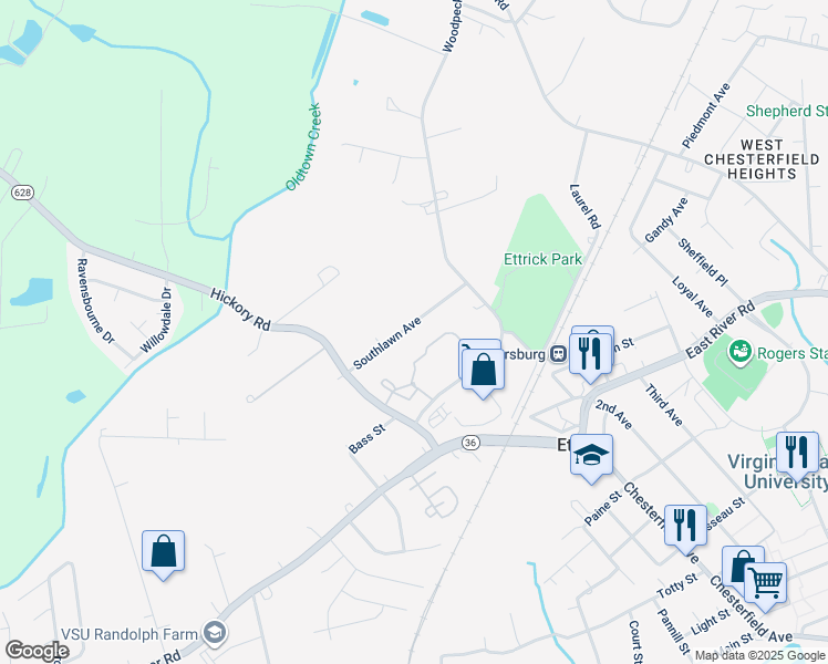 map of restaurants, bars, coffee shops, grocery stores, and more near 20531 Southlawn Avenue in Ettrick