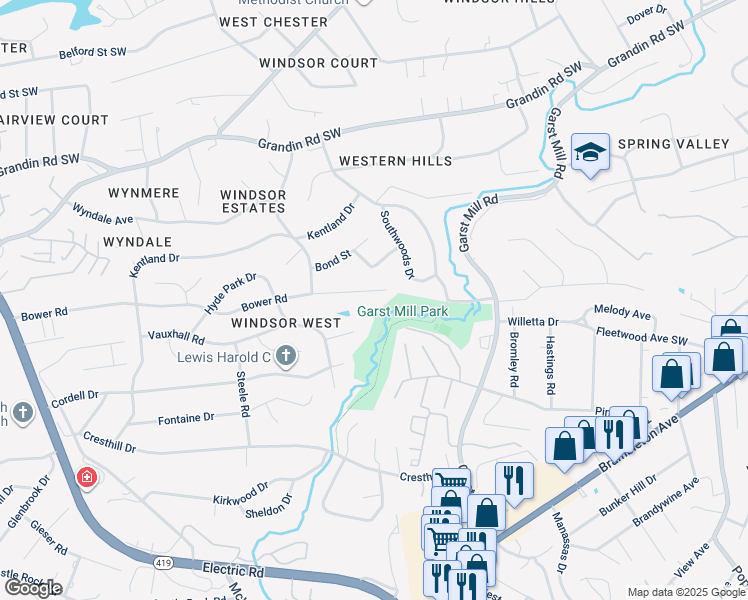 map of restaurants, bars, coffee shops, grocery stores, and more near 3638 Bower Road in Roanoke