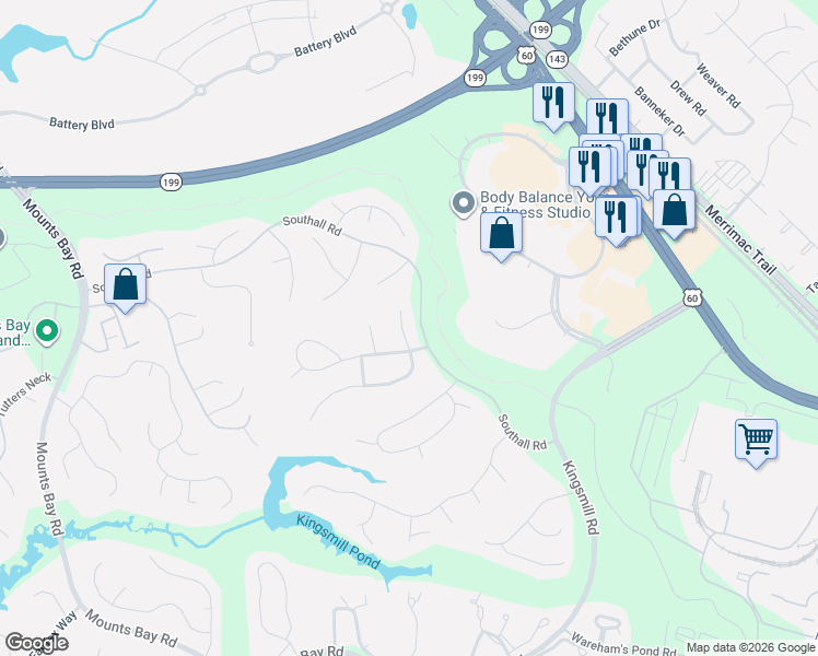 map of restaurants, bars, coffee shops, grocery stores, and more near 22-26 Hampton Key Road in Williamsburg