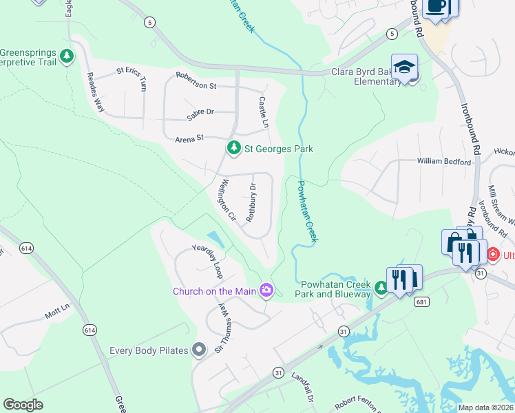 map of restaurants, bars, coffee shops, grocery stores, and more near 116 Rothbury Drive in Williamsburg