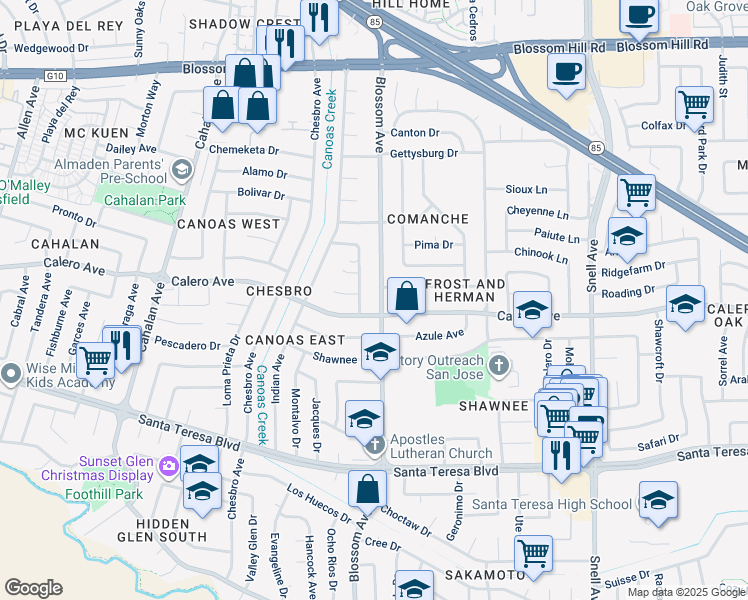 map of restaurants, bars, coffee shops, grocery stores, and more near 5857 Blossom Avenue in San Jose