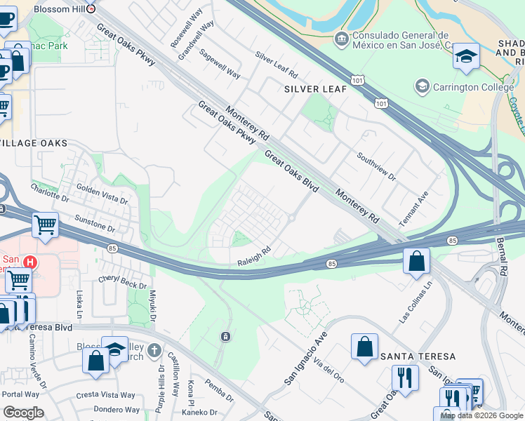 map of restaurants, bars, coffee shops, grocery stores, and more near 5886 Impact Lane in San Jose