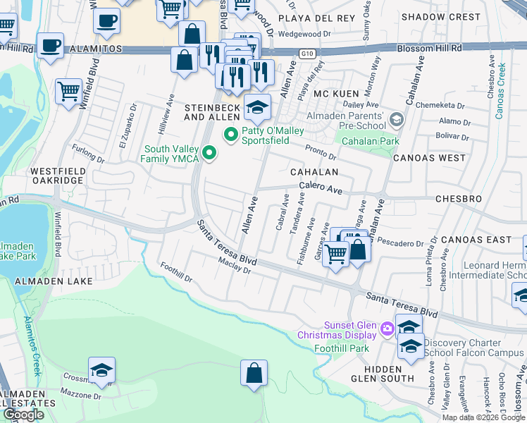 map of restaurants, bars, coffee shops, grocery stores, and more near 5942 Allen Avenue in San Jose