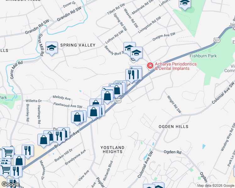 map of restaurants, bars, coffee shops, grocery stores, and more near 3033 Brambleton Avenue in Roanoke