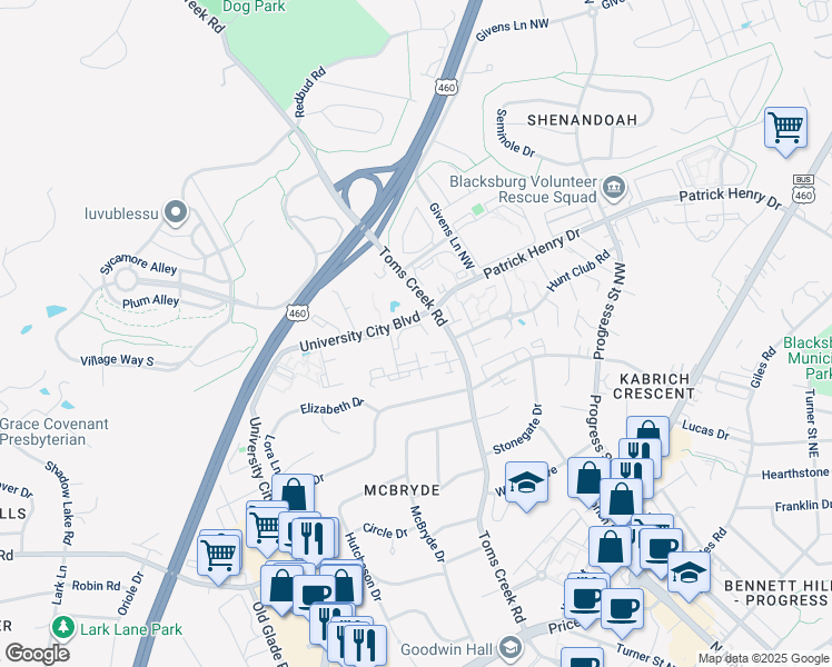 map of restaurants, bars, coffee shops, grocery stores, and more near 702 Appalachian Drive in Blacksburg