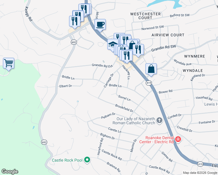 map of restaurants, bars, coffee shops, grocery stores, and more near 2008 Turnstile Drive in Roanoke
