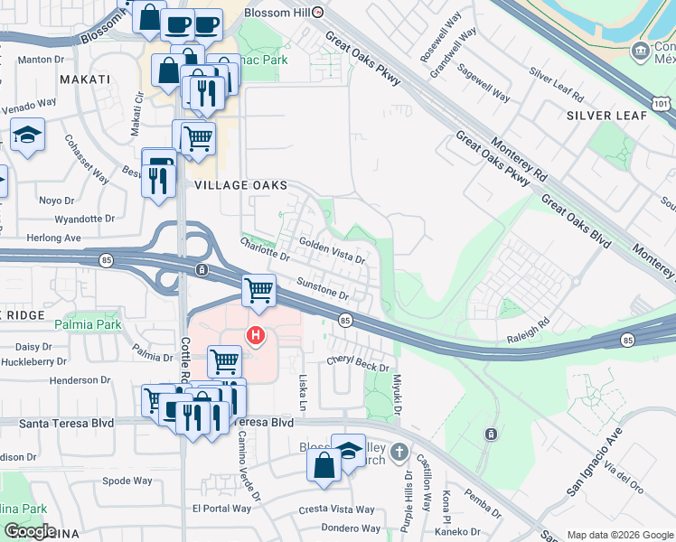 map of restaurants, bars, coffee shops, grocery stores, and more near 6060 Charlotte Drive in San Jose