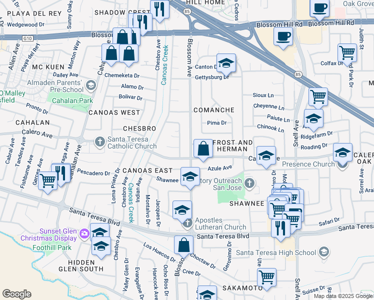 map of restaurants, bars, coffee shops, grocery stores, and more near 5857 Blossom Avenue in San Jose