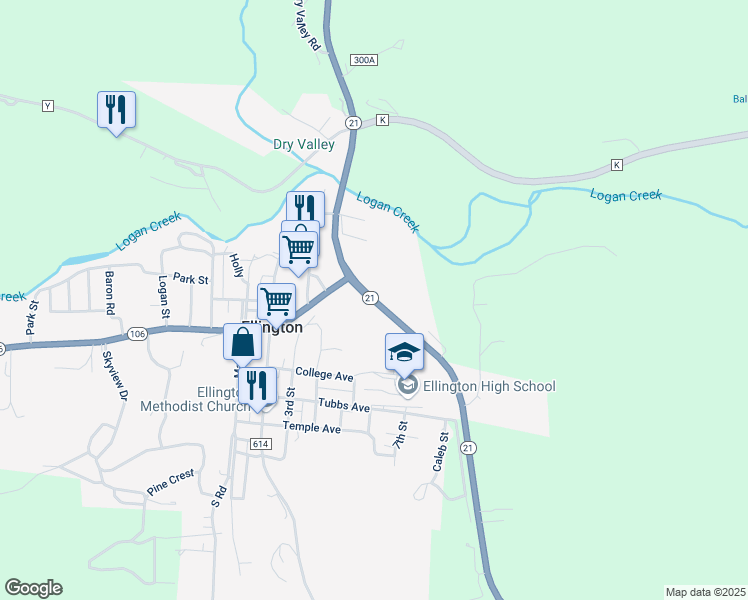 map of restaurants, bars, coffee shops, grocery stores, and more near Missouri 21 in Ellington