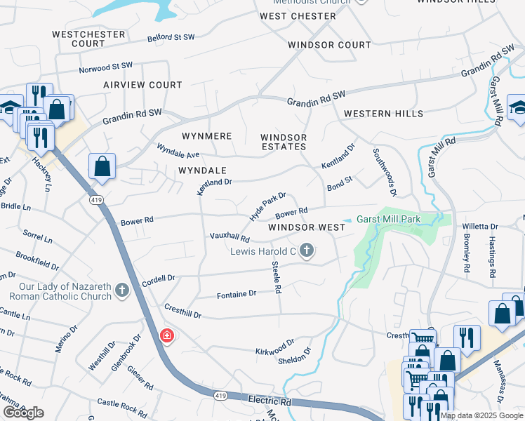 map of restaurants, bars, coffee shops, grocery stores, and more near 3878 Hyde Park Drive in Cave Spring