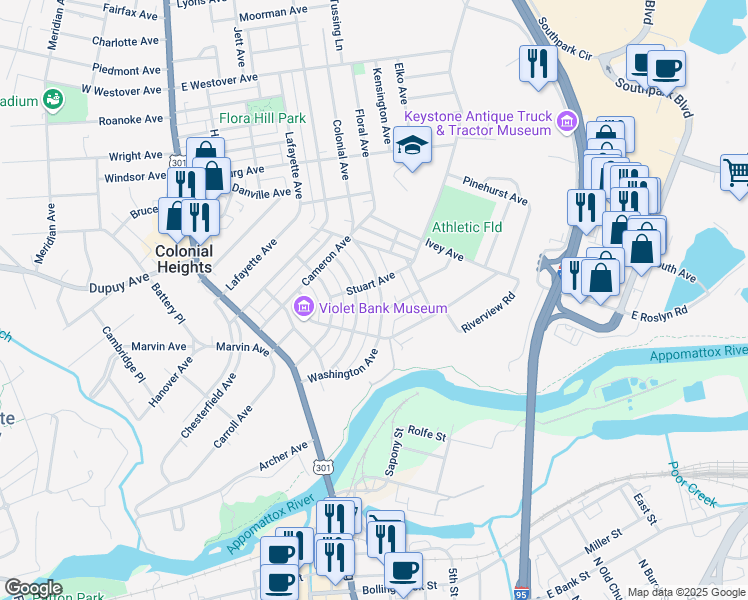 map of restaurants, bars, coffee shops, grocery stores, and more near 314 Washington Avenue in Colonial Heights