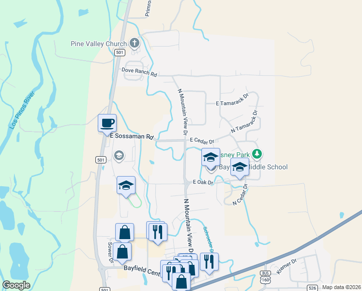 map of restaurants, bars, coffee shops, grocery stores, and more near 1125 Mountain View Drive in Bayfield