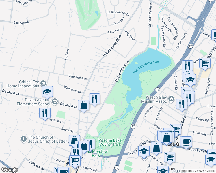 map of restaurants, bars, coffee shops, grocery stores, and more near 909 University Avenue in Los Gatos