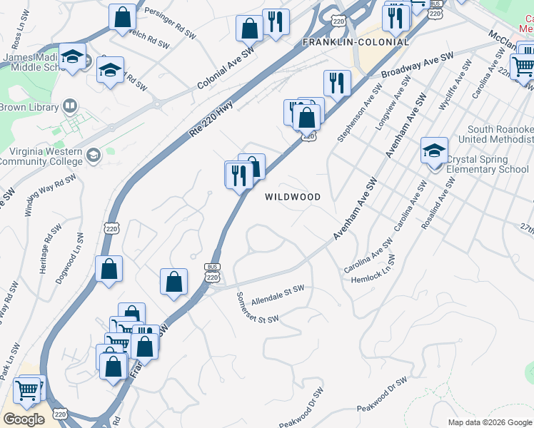 map of restaurants, bars, coffee shops, grocery stores, and more near 715 White Oak Road Southwest in Roanoke