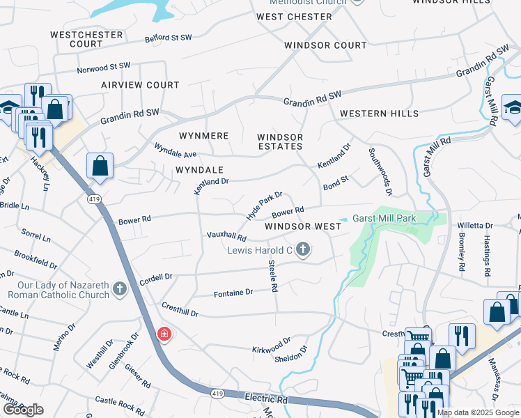 map of restaurants, bars, coffee shops, grocery stores, and more near 3878 Hyde Park Drive in Cave Spring