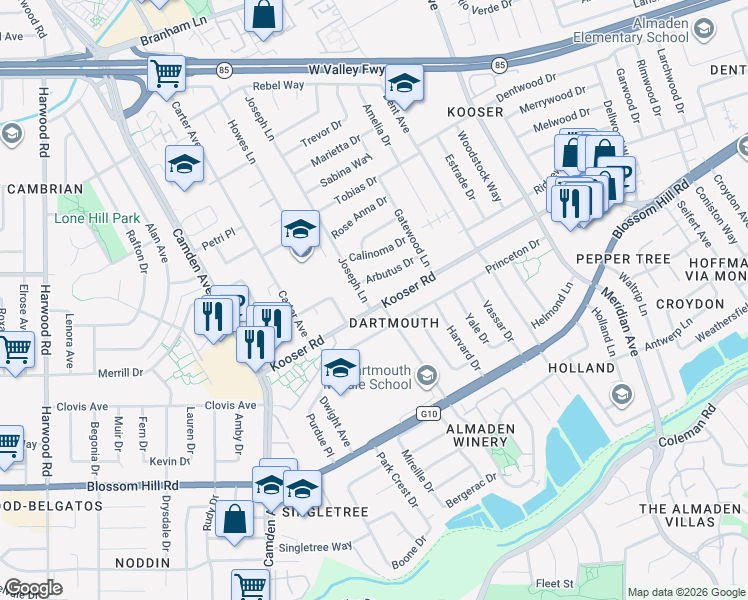 map of restaurants, bars, coffee shops, grocery stores, and more near 5392 Joseph Lane in San Jose