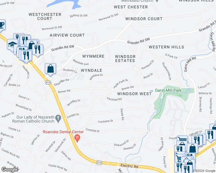 map of restaurants, bars, coffee shops, grocery stores, and more near 3907 Thames Drive in Roanoke
