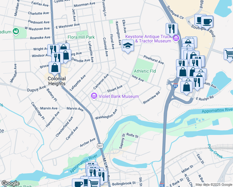 map of restaurants, bars, coffee shops, grocery stores, and more near 314 Washington Avenue in Colonial Heights