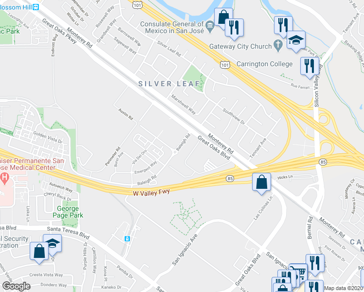 map of restaurants, bars, coffee shops, grocery stores, and more near 5941 Monterey Road in San Jose