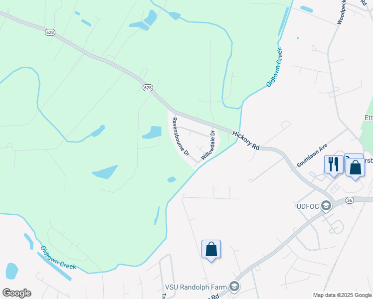 map of restaurants, bars, coffee shops, grocery stores, and more near 20603 Ravensbourne Drive in Petersburg