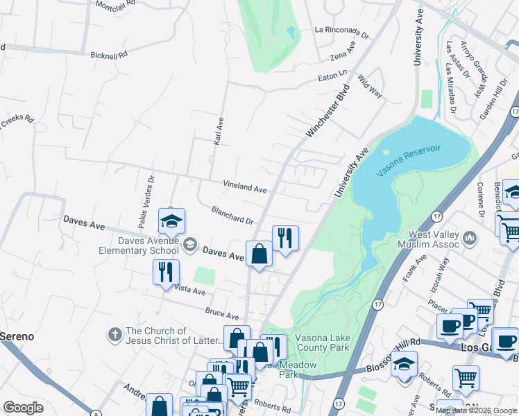map of restaurants, bars, coffee shops, grocery stores, and more near 17537 Blanchard Drive in Monte Sereno