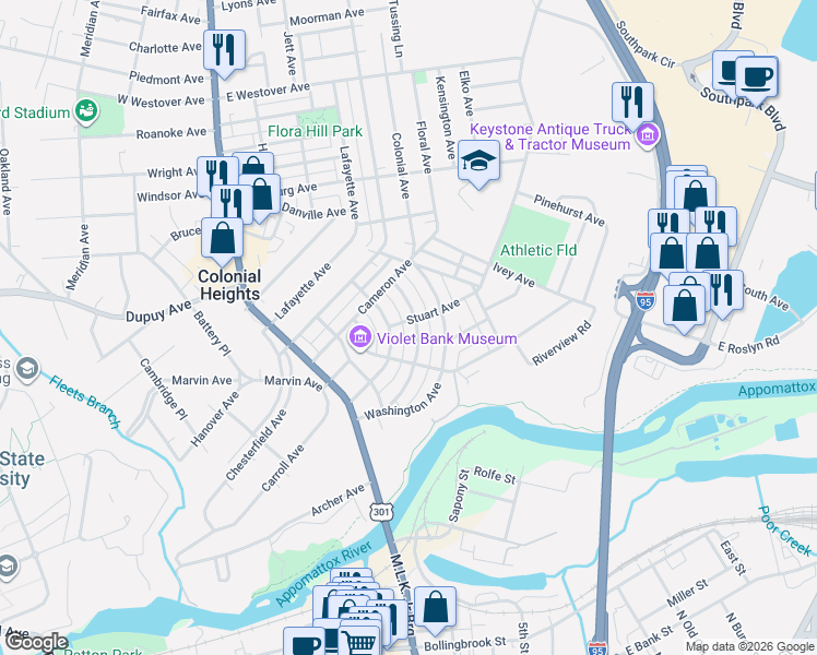 map of restaurants, bars, coffee shops, grocery stores, and more near 318 Jefferson Avenue in Colonial Heights