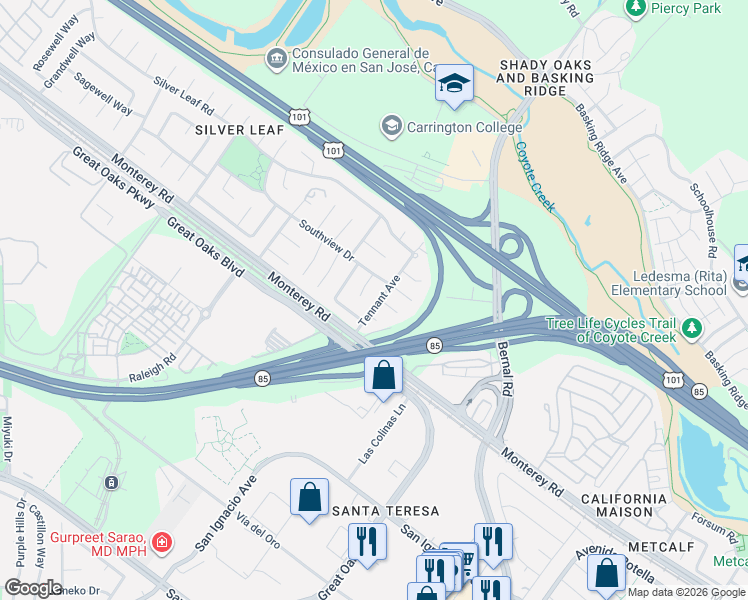 map of restaurants, bars, coffee shops, grocery stores, and more near 5962 Southlite Court in San Jose