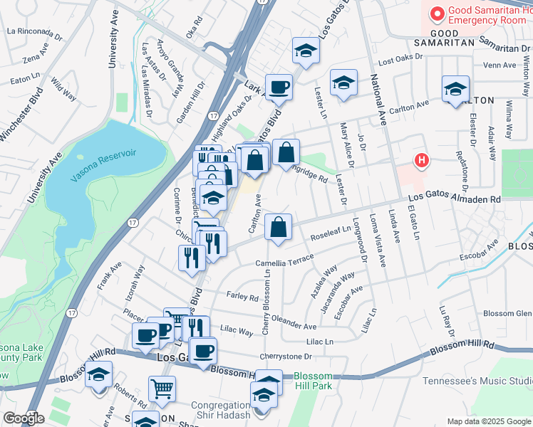 map of restaurants, bars, coffee shops, grocery stores, and more near 6 Carlton Avenue in Los Gatos