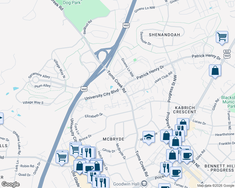 map of restaurants, bars, coffee shops, grocery stores, and more near 702 Appalachian Drive in Blacksburg