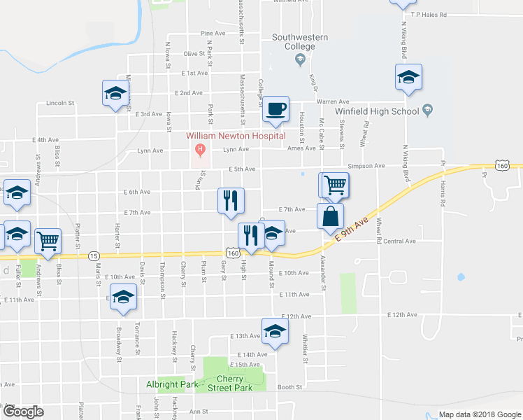 map of restaurants, bars, coffee shops, grocery stores, and more near College St & E 7th Ave in Winfield