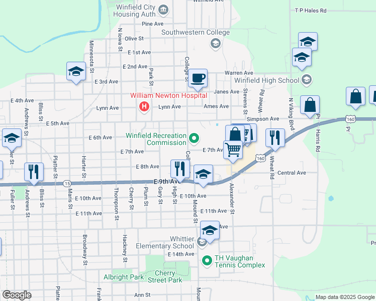 map of restaurants, bars, coffee shops, grocery stores, and more near College St & E 7th Ave in Winfield