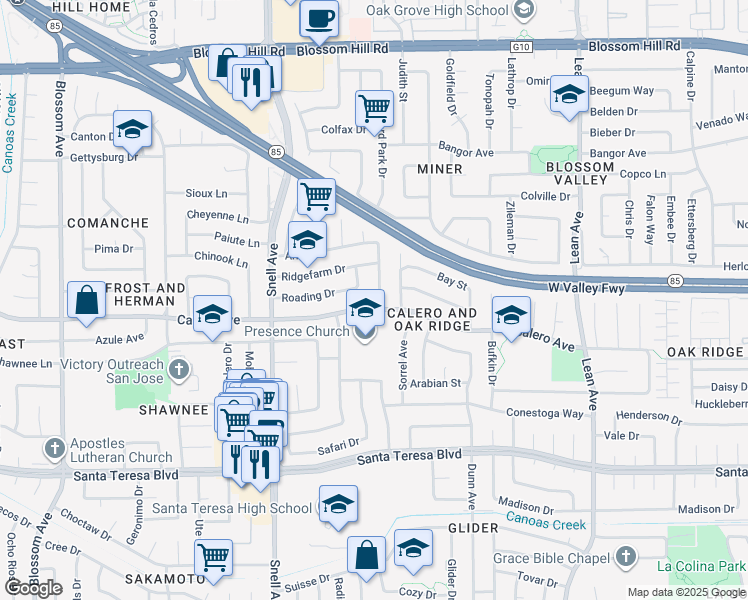 map of restaurants, bars, coffee shops, grocery stores, and more near 404 Ariel Drive in San Jose