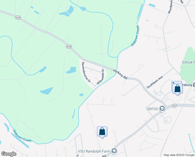 map of restaurants, bars, coffee shops, grocery stores, and more near 20615 Ravensbourne Drive in Petersburg