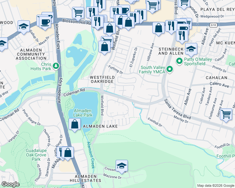 map of restaurants, bars, coffee shops, grocery stores, and more near 908 Goose Lake Court in San Jose