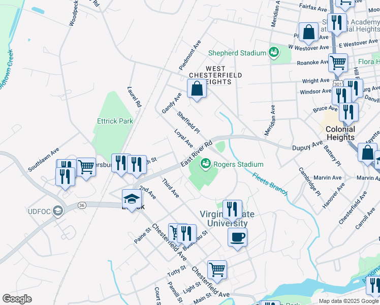 map of restaurants, bars, coffee shops, grocery stores, and more near 3302 East River Road in Ettrick