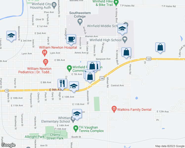 map of restaurants, bars, coffee shops, grocery stores, and more near 1906 East 9th Avenue in Winfield