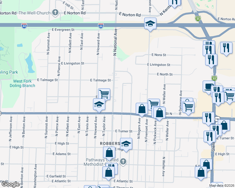 map of restaurants, bars, coffee shops, grocery stores, and more near 2508 North National Avenue in Springfield