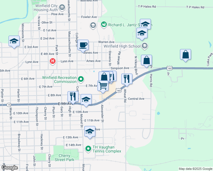 map of restaurants, bars, coffee shops, grocery stores, and more near 1904 East 9th Avenue in Winfield