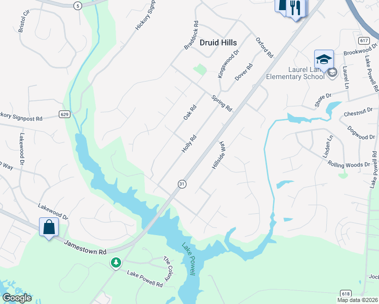 map of restaurants, bars, coffee shops, grocery stores, and more near Perry Road in Williamsburg