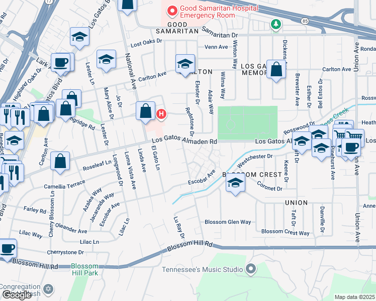 map of restaurants, bars, coffee shops, grocery stores, and more near 15560 Camino Del Cerro in Los Gatos