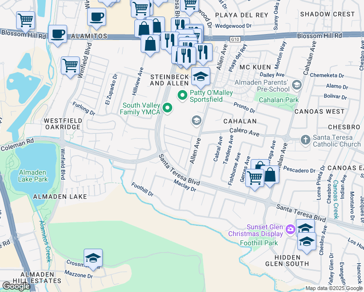 map of restaurants, bars, coffee shops, grocery stores, and more near 851 Villa Teresa Way in San Jose