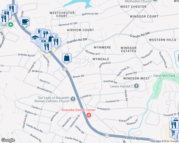 map of restaurants, bars, coffee shops, grocery stores, and more near 4925 Bower Road in Cave Spring