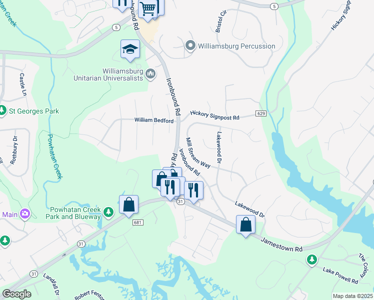 map of restaurants, bars, coffee shops, grocery stores, and more near 233 Mill Stream Way in Williamsburg