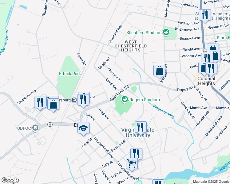 map of restaurants, bars, coffee shops, grocery stores, and more near 3302 East River Road in Ettrick