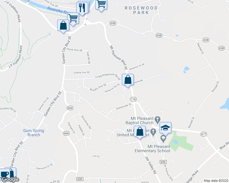 map of restaurants, bars, coffee shops, grocery stores, and more near 2617 Adrian Street Southeast in Roanoke