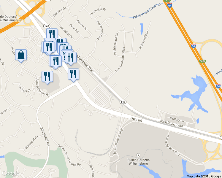 map of restaurants, bars, coffee shops, grocery stores, and more near 1713 Merrimac Trail in Williamsburg