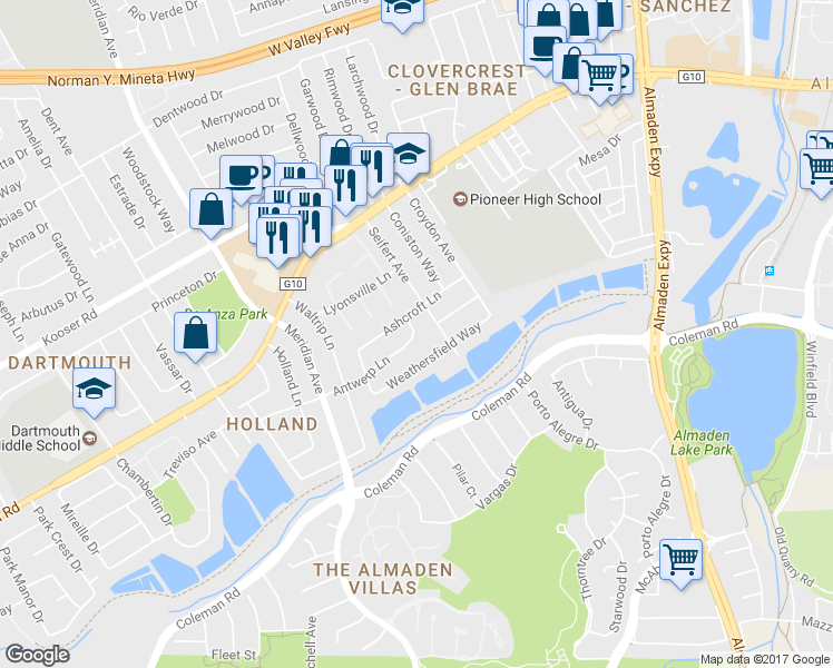map of restaurants, bars, coffee shops, grocery stores, and more near 1278 Ashcroft Lane in San Jose