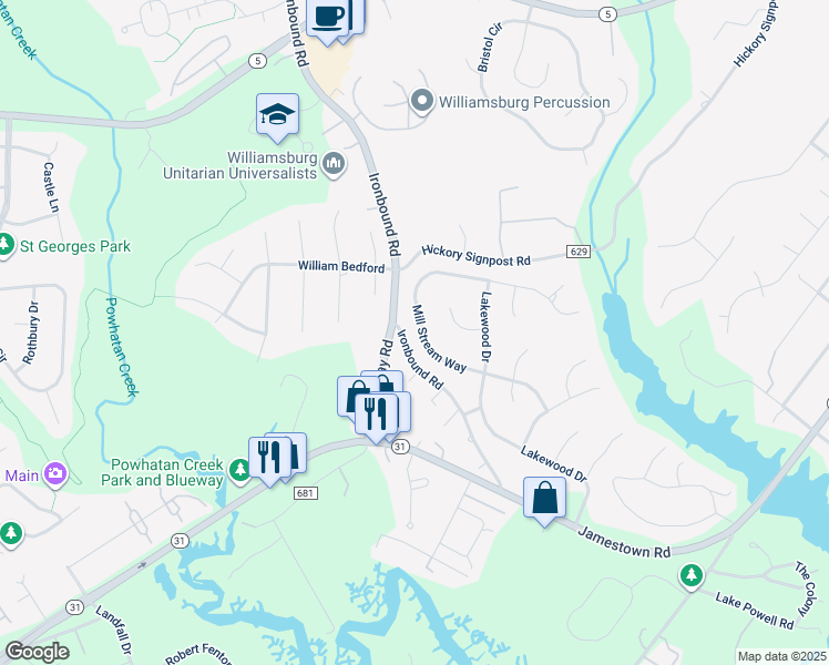 map of restaurants, bars, coffee shops, grocery stores, and more near 233 Mill Stream Way in Williamsburg