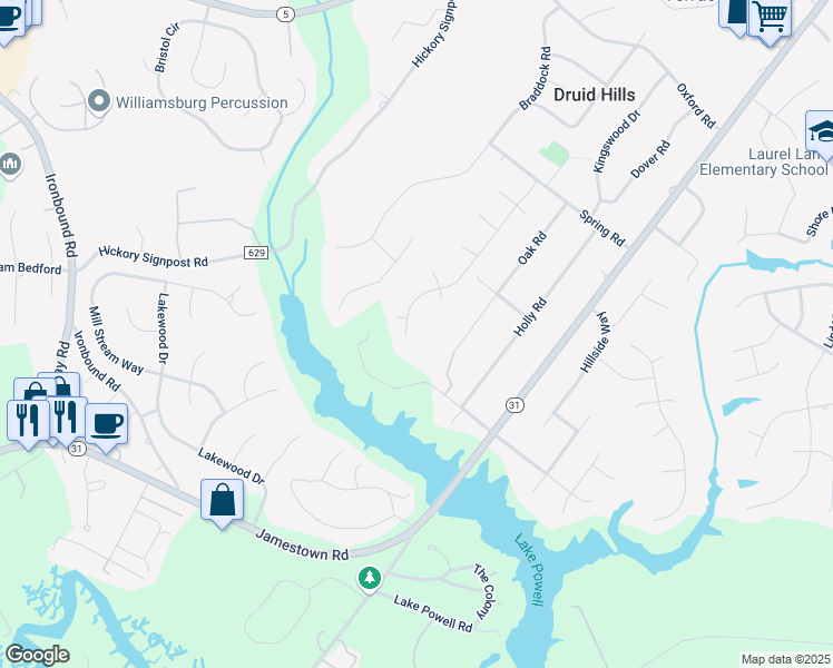 map of restaurants, bars, coffee shops, grocery stores, and more near 125 West Kingswood Drive in Williamsburg