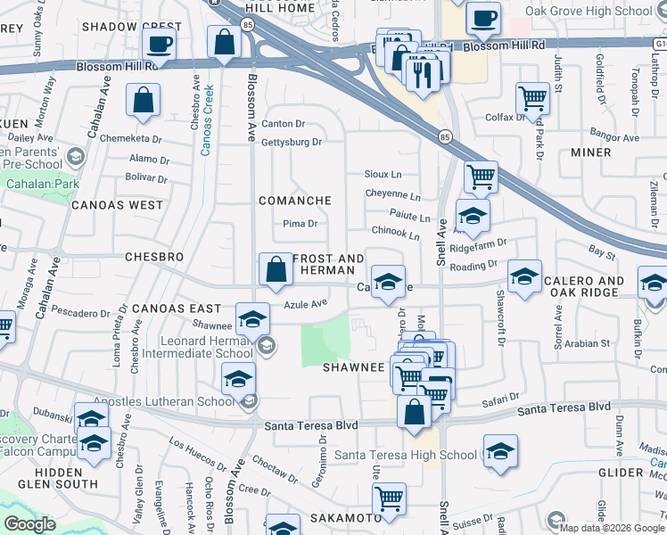 map of restaurants, bars, coffee shops, grocery stores, and more near 5836 Pontiac Drive in San Jose